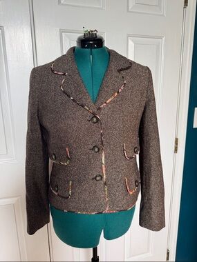 LOFT vintage Brown Tweed Women's Blazer Jacket with Floral Trim